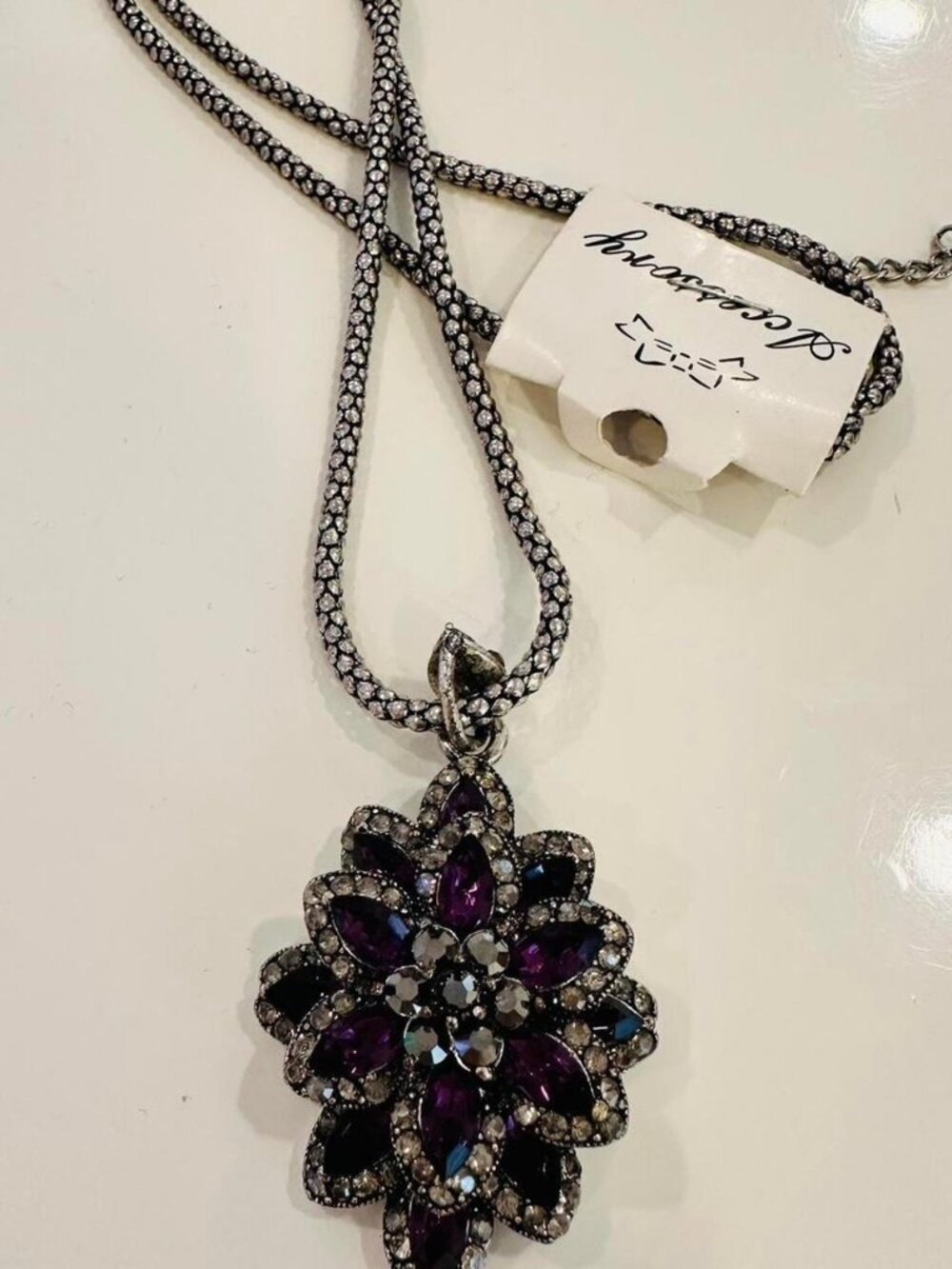 Purple & Black Rhinestone Flower Pendant Necklace | Long Chain 70cm